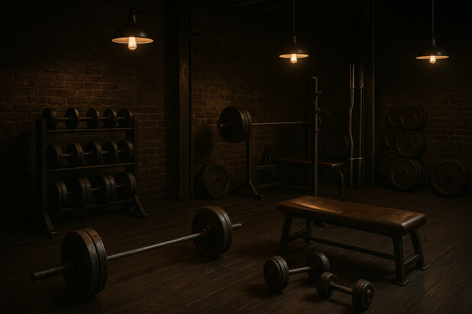 antik bir spor salonu görseli yap premium olsun loş ışıkta koyu temalı olsun